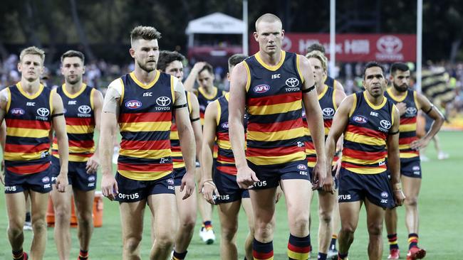 Bryce Gibbs and Sam Jacobs wall off the ground following Round 1 loss to Hawthorn. Picture SARAH REED