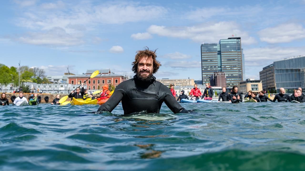 Australian Heath Joske joins others in Oslo Harbour to protest against oil drilling in the Great Australian Bight. Picture: Hallvard Kolltveit