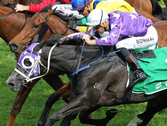 Foxplay ridden by Hugh Bowman race 4 (purple blinkers) at Royal Randwick. Pic Jenny Evans