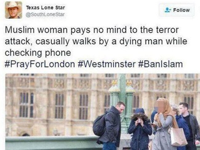 This post of a Muslim woman after the London terror attack was exposed as a having been created by a Russian bot. Picture: Twitter