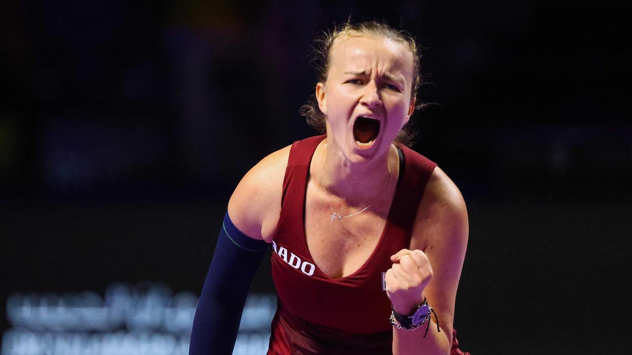 Czech Republic's Barbora Krejcikova reacts after winning against US' Jessica Pegula. Photo by Fayez NURELDINE / AFP.