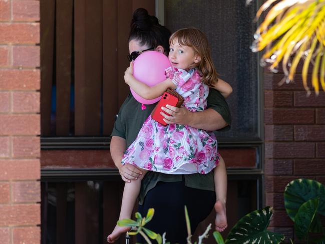 Cleo and her mum Ellie Smith leaving a house where she spent her first night after being rescued in Carnarvon. Picture: AAP