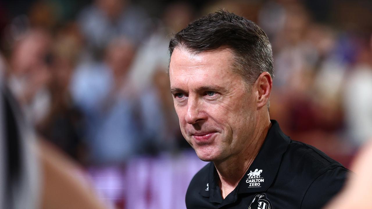 BRISBANE, AUSTRALIA - MARCH 28: Craig McRae, Senior Coach of the Magpies celebrates winning the round three AFL match between Brisbane Lions and Collingwood Magpies at The Gabba, on March 28, 2024, in Brisbane, Australia. (Photo by Chris Hyde/Getty Images)