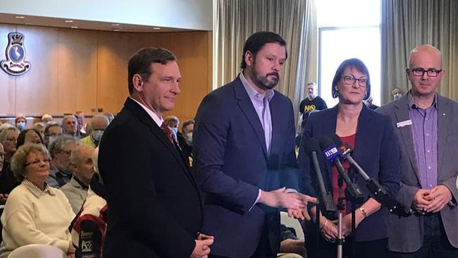 Blacktown mayor Stephen Bali, Federal MPs Ed Husic and Susan Templeman and Blue Mountains mayor Mark Greenhill at the joint council’s community forum about Western Sydney airport.