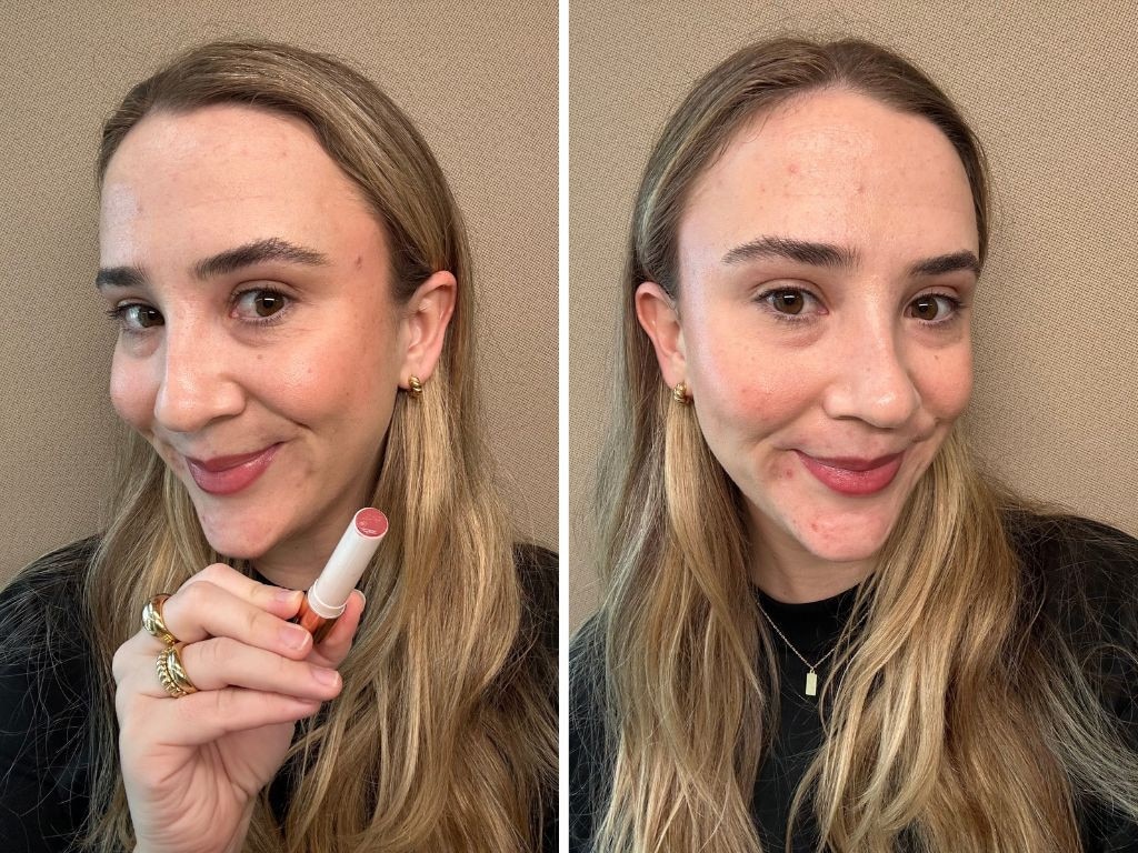 Charlotte Tilbury Hyaluronic Happikiss Lipstick in Pillow Talk. Picture: Philippa Tonkin