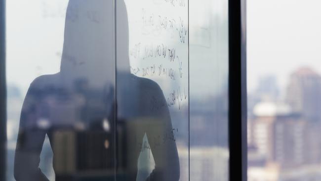 Silhouette shadow of woman looking at city from office