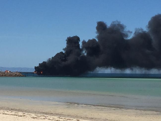 The fire at the Whyalla jetty on Wednesday. Picture: Andrew Story.