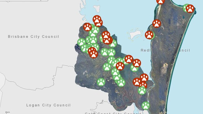 Dog parks across Redland in green and where dogs are banned.