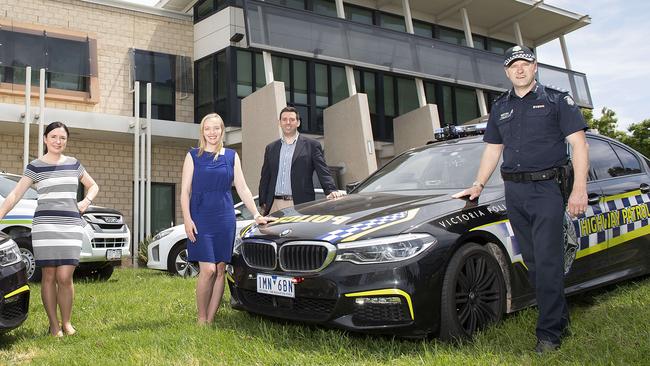 Inspector Chris Allen (right) with Hume Mayor Carly Moore (left), Moonee Valley Mayor Samantha Byrne and Moreland Mayor Lambros Tapinos. Picture: Ellen Smith