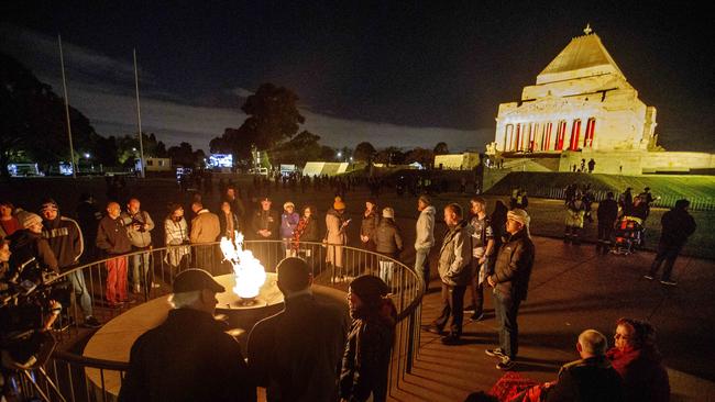 Crowds gather for the Anzac Day Dawn Service at the Shrine of Remembrance. Picture: David Geraghty