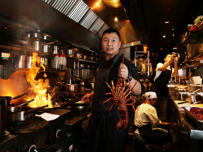 Mr Wong Chef Felix Wongso cooking an Australian lobster as prices fall to an all time low, creating a boom for restaurants. it's also Chinese new year this week. They will be especially popular this week as Chinese New Year is celebrated. Jane Dempster/The Australian.