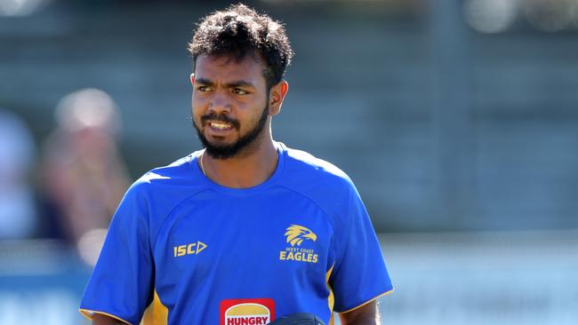 Willie Rioli is seen during a West Coast Eagles training session in Perth, Tuesday, August 20, 2019. The Eagles play the Hawthorn Hawks on Saturday. (AAP Image/Richard Wainwright)