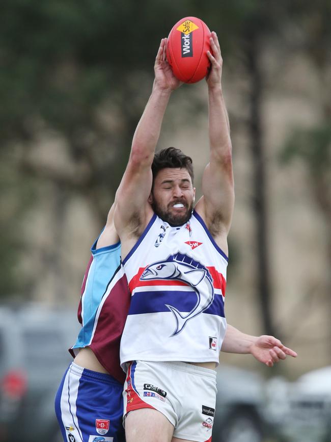 Football BFL: Modewarre v Queenscliff. Queenscliff 9 Che Durran marks while Modewarre 34 Morgan Fenton tries to spoil Picture: Mark Wilson