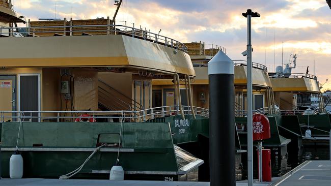 The new Emerald class-ferries underneath the ANZAC Bridge at Blackwattle Bay. Picture: Toby Zerna