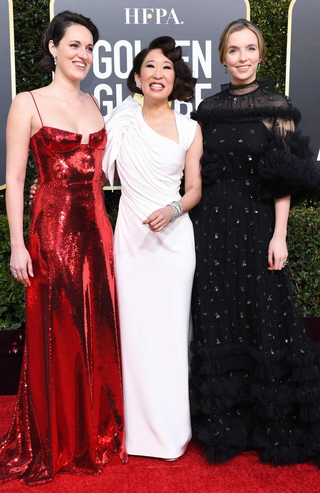 Host Sandra Oh with her <i>Killing Eve</i> co-stars Phoebe Waller-Bridge (left), and Jodie Comer (right). Photo: Valerie Macon/AFP