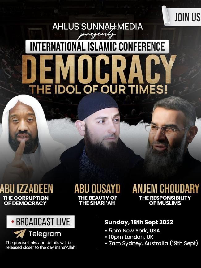 One of a number of conferences Haddad, centre, headlined with Choudary, right, in 2022.