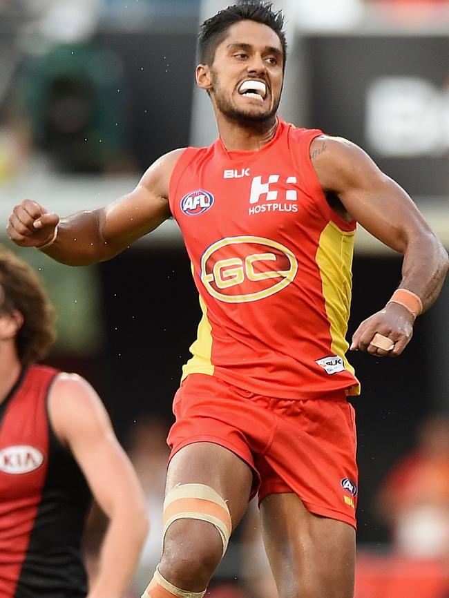 Aaron Hall celebrates kicking a goal earlier this season. Picture: Matt Roberts/AFL Media/Getty Images