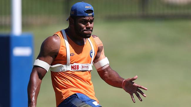 Maika Sivo during Parramatta Eels rugby league training at Old Saleyards Reserve, Parramatta. Picture: Brett Costello