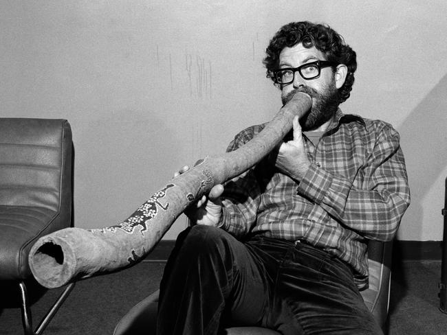 Harris plays a didgeridoo in London in 1974. Picture: George Wilkes/Getty Images