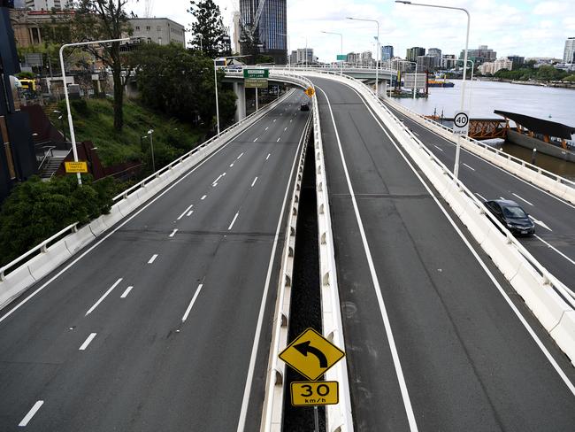 Light traffic is seen on the Riverside Expressway during the morning peak hour in central Brisbane on Friday, March 27. Picture: AAP/Dan Peled