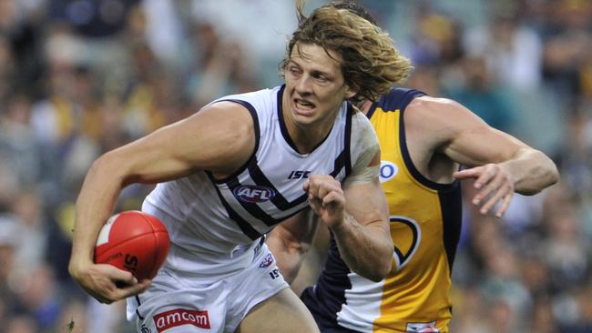 AFL. Fremantle Dockers v Westcoast Eagles in the Derby at Pattersons Stadium in Perth. pictured - Docker Nathan Fyfe