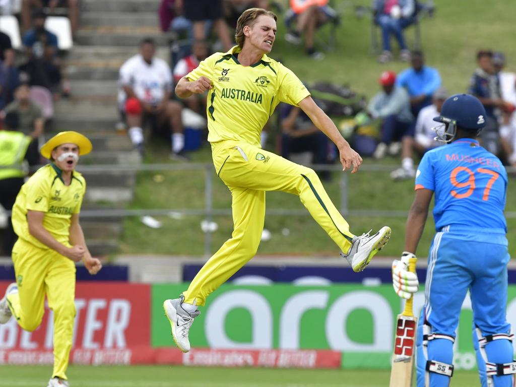 Mahli Beardman jumping for joy after a wicket in the ICC U19 Men's World Cup 2024 Final. Picture: Sydney Seshibedi/Gallo Images