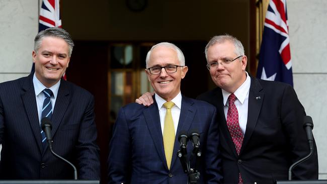 Senator Mathias Cormann, PM Malcolm Turnbull and Treasurer Scott Morrison holding a press conference at Parliament House in Canberra. Picture Kym Smith