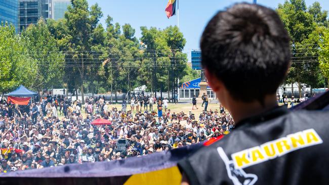 Kaurna Yarta: Protesters are seen at the Survival Day march in Tarntanyangga (Victoria Square). Picture: NCA NewsWire/Morgan Sette