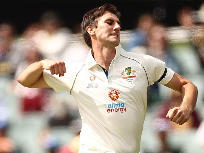 ADELAIDE, AUSTRALIA - DECEMBER 17: Pat Cummins of Australia celebrates taking the wicket of Mayank Agarwal of India for 17 runs during day one of the First Test match between Australia and India at Adelaide Oval on December 17, 2020 in Adelaide, Australia. (Photo by Ryan Pierse/Getty Images)