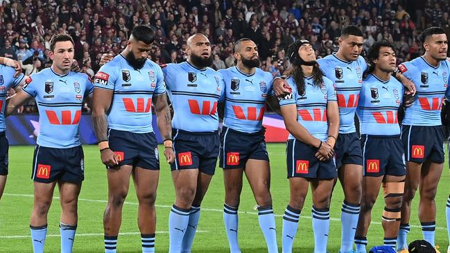 Blues players line up for the national anthems ahead of game two of the State of Origin series between the Queensland Maroons and the New South Wales Blues at Suncorp Stadium on June 21, 2023 in Brisbane, Australia. (Photo by Bradley Kanaris/Getty Images)