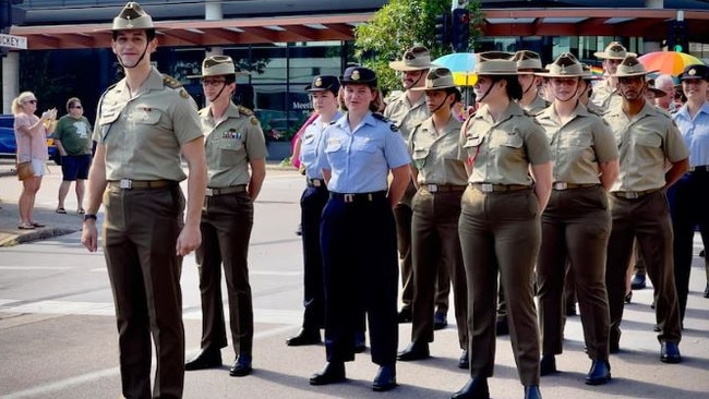 Captain Jesse Noble leads the ADF float at Darwin Pride. Picture: Supplied