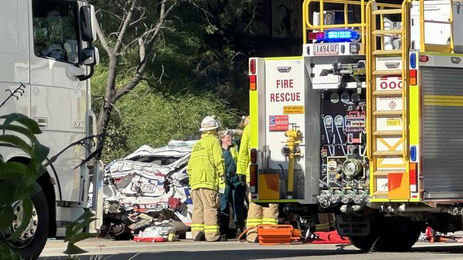 A police car has been totalled in a multi-vehicle crash on the M1 at Helensvale. Picture: Mikaela Mulveney