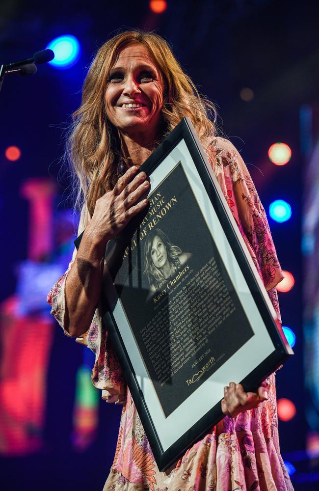 Chambers on stage with the Australasian Country Music Roll of Renown award. Picture: AAP Image/Brendan Esposito