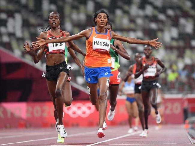 Sifan Hassan crosses the finish line ahead of Kenya's Agnes Jebet Tirop in the 5000m heats. Picture: AFP