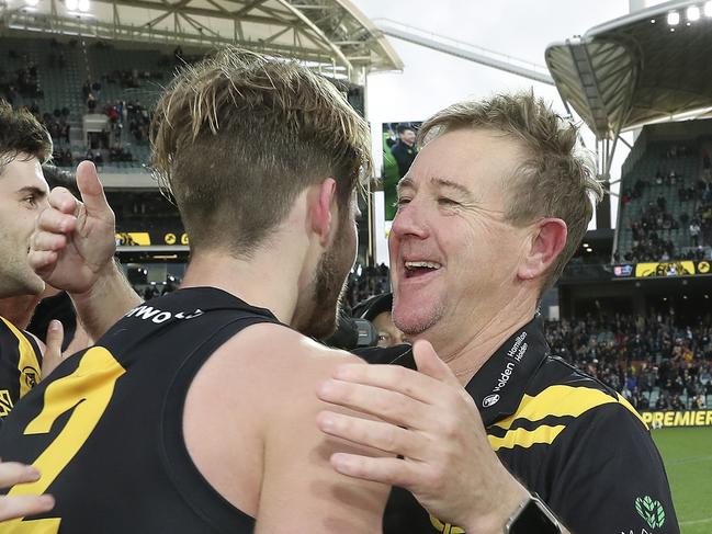 SANFL - GRAND FINAL  22/09/19 - Port Adelaide v Glenelg at Adelaide Oval. Coach Mark Stone hugs Jonty Scharenberg after the win  Picture SARAH REED