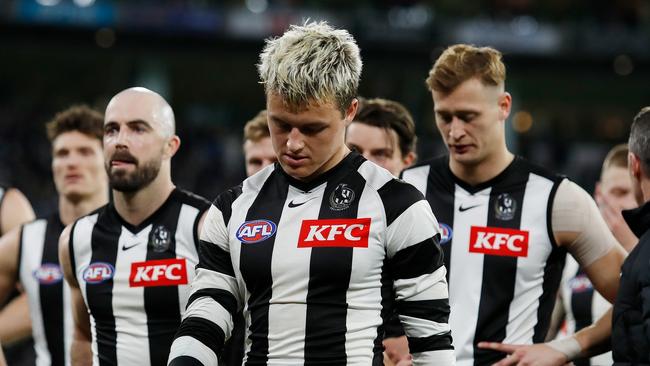 MELBOURNE, AUSTRALIA - SEPTEMBER 03: Jack Ginnivan of the Magpies looks dejected after a loss during the 2022 AFL First Qualifying Final match between the Geelong Cats and the Collingwood Magpies at the Melbourne Cricket Ground on September 3, 2022 in Melbourne, Australia. (Photo by Dylan Burns/AFL Photos via Getty Images)