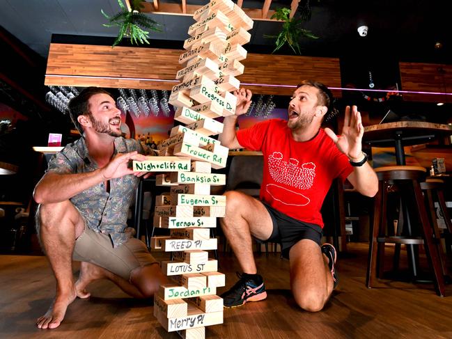 Jenga comp is happening at Dom's bar this weekend. Playing Janga Andrew Amanda-Jones defeats Dom Wundke Picture Julianne Osborne