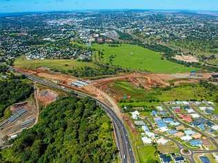 Nexus has shared new aerial images of work on the Toowoomba Second Range Crossing. New England Highway arch bridge construction and highway realignment. Picture: Starboard