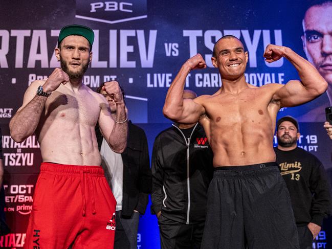 Tim Tszyu and Bakhram Murtazaliev at the final weigh-in for Sunday’s fight. Picture: No Limit Boxing