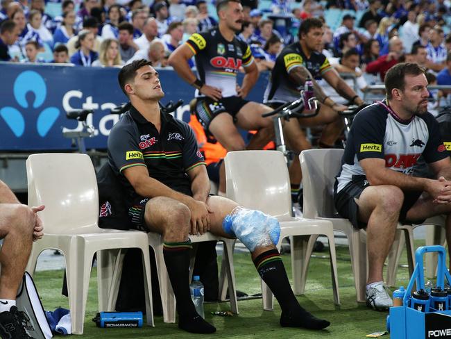 Penrith's Nathan Cleary cut a forlorn figure on the bench. Picture: Brett Costello