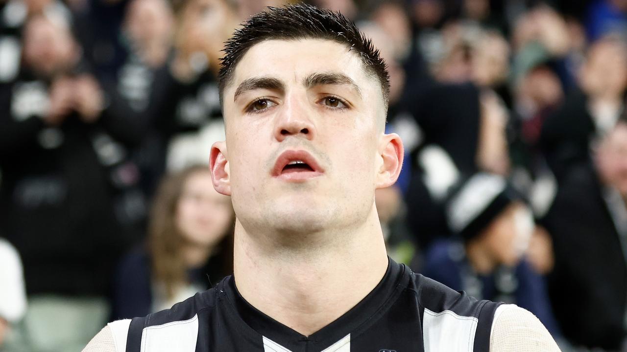 MELBOURNE, AUSTRALIA - SEPTEMBER 07: Brayden Maynard of the Magpies looks on during the 2023 AFL First Qualifying Final match between the Collingwood Magpies and the Melbourne Demons at Melbourne Cricket Ground on September 07, 2023 in Melbourne, Australia. (Photo by Michael Willson/AFL Photos via Getty Images)