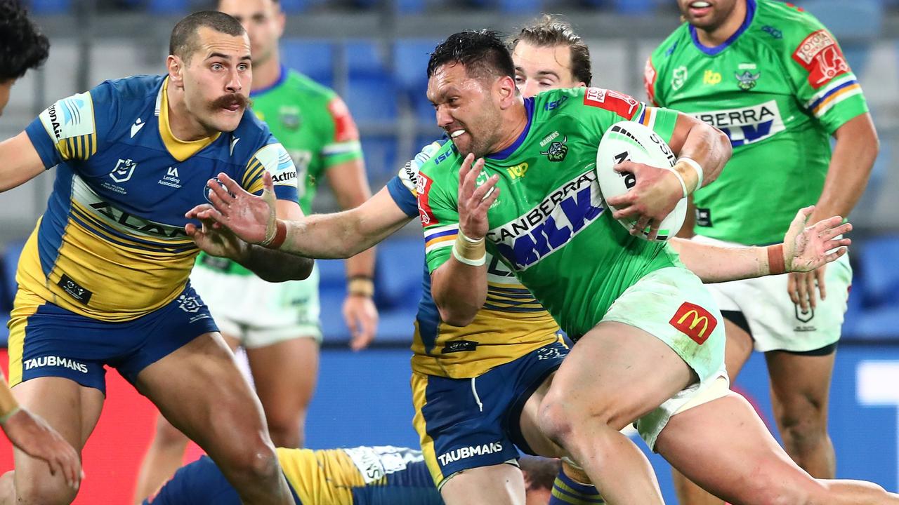 Jordan Rapana makes a break to score a try against the Eels. Picture: Chris Hyde/Getty Images