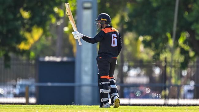 Param Uppal raising his bat for 50 against Pakistan A in the Top End Series opener. Picture: NT Cricket