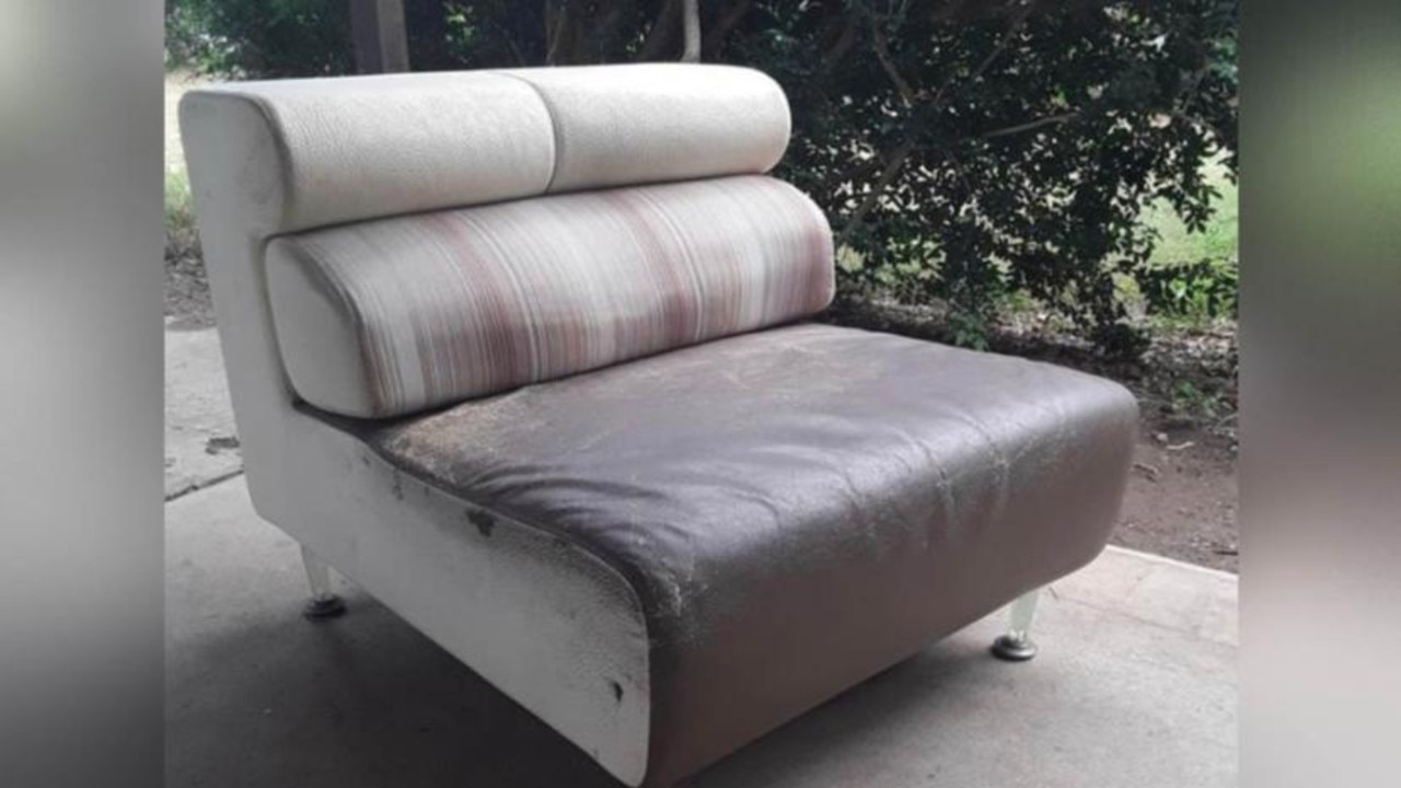 George donated the grey and brown leather couch to an op-shop earlier this year. Picture: 7 News