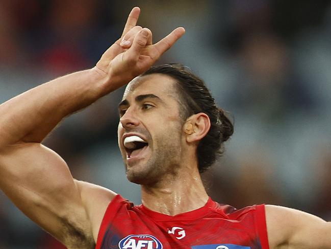 MELBOURNE, AUSTRALIA - MAY 27: Brodie Grundy of the Demons celebrates kicking a goal during the round 11 AFL match between Narrm Football Club / Melbourne Demons and Walyalup / Fremantle Dockers at Melbourne Cricket Ground, on May 27, 2023, in Melbourne, Australia. (Photo by Daniel Pockett/AFL Photos/via Getty Images )