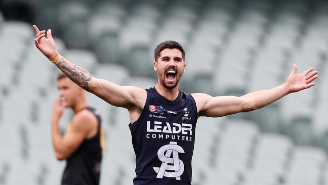 Eamon Wilkinson celebrates a goal in last year’s SANFL semi-final. Picture: Sarah Reed