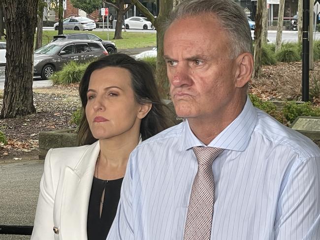 One Nation's Mark Latham, right, and Tania Mihailuk field questions about the withdrawal of Khal Asfour from Labor's upper house ticket on Friday. Picture: Alexi Demetriadi