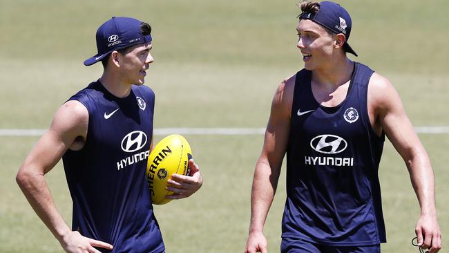 Matthew Kennedy talks with Patrick Cripps at Carlton training. Picture: Michael Klein