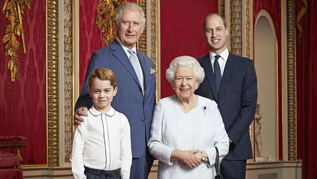 Queen Elizabeth II, the Prince of Wales, the Duke of Cambridge and Prince George, a portrait taken in December 2019, and released to mark the start of a new decade. Picture: Ranald Mackenzie / Camerpress / Australscope