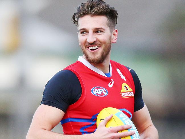 MELBOURNE, AUSTRALIA - JULY 10:  Marcus Bontempelli of the Bulldogs reacts during a Western Bulldogs AFL media opportunity at Whitten Oval on July 10, 2018 in Melbourne, Australia.  (Photo by Michael Dodge/Getty Images)